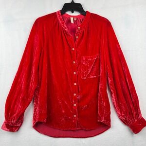 Pilcro Red Velvet Button-Down Shirt Top Women's Size S Long Sleeve Pocket‎